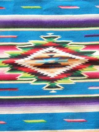 Vintage Mexican Saltillo Serape Blanket Silk Center Diamond - Colors - Old