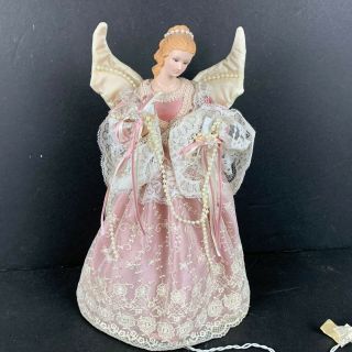 Porcelain Face Lighted Angel Christmas Tree Topper Holiday Decor Pink 14 " Lace
