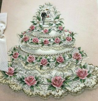 Fancy Wedding Tier Cake Bride Groom Topper Embossed Pink Roses Glitter Vtg Card
