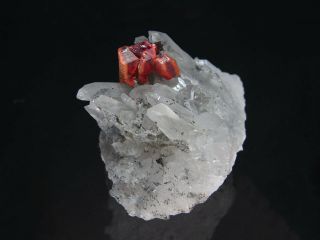 Gemmy Red Realgar Crystal Cluster with Quartz,  Paloma Mine PERU 2