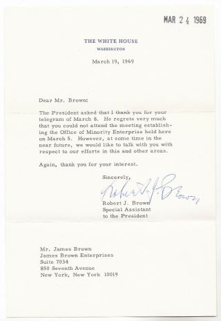 White House Letter To James Brown 1969 Signed Special Assistant To The President