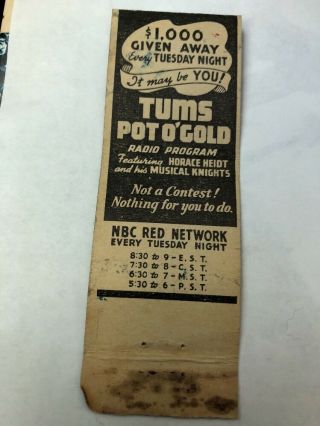 Vintage Matchbook Cover Tums For The Tummy 10 Cents Lewis - Howe Co Art R14 $Drop 2