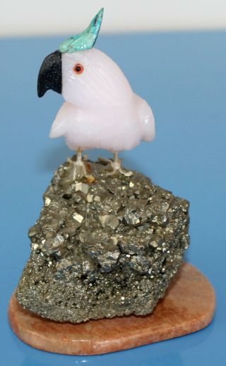 Vintage Brazilian Hand Carved Bird On Pyrite And Stone Base