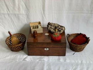 Antique Mop Inlaid Sewing Box Baskets & Sewing Notions German Asbro Needle Case