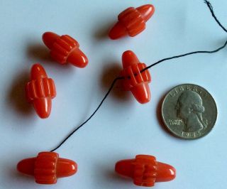 6 Cherry Red Carved Bakelite Toggle Buttons In Barrel Or Bullett Shape