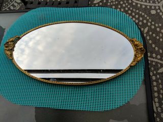 Vintage Antique Oval Perfume Vanity Tray Mirror With Handles Great Detail