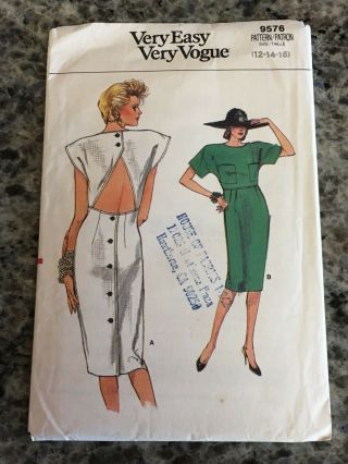 Rare 1986 Vogue Sewing Pattern 9576 Misses Open Back Sexy Summer Dress 12 - 16