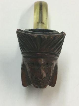 Vintage " Real Briar " Tobacco Pipe Hand Carved Wood Indian Chief Head Smoking