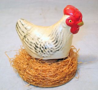 Vintage Paper Mache Chick Hen On Straw Nest Easter Candy Container Squeak Toy