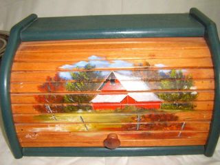 Vintage Wooden Roll Top Bread Box With Painted Barn Scene