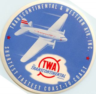 Transcontinental & Western Air Twa Airline Luggage Label,  C.  1955