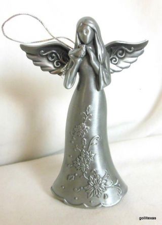 Pewter Tone Angel Ornament With Bird And Flowers 3.  75 "