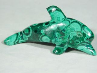A Deep Green Colored Solid Malachite Dolphin Carving From The Congo 58.  1gr E