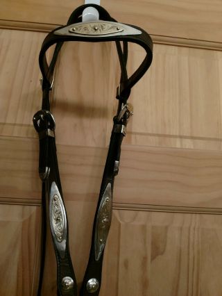 Vintage Bridle Headstall With Unique Silver Brass Horse Size