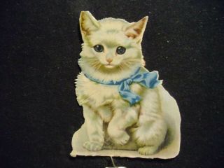 Victorian Scrap 5302 - White Kitten With Blue Ribbon