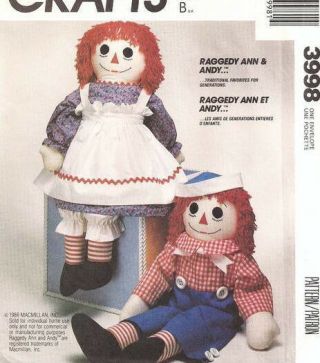 Vintage 1980s Mccalls 3998 36 " 3 Foot Raggedy Ann & Andy Doll Pattern Unct