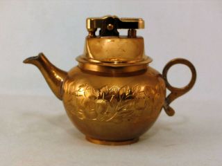 Small Brass Teapot/kettle Table Lighter With Engraved Flower And Leaf Design - Nos