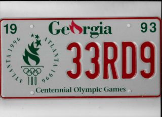Georgia 1993 License Plate " 33rd9 " Atlanta Olympics