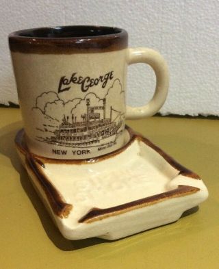 Vintage Sip N Smoke Lake George Ny Souvenir Ceramic Coffee Cup & Ashtray