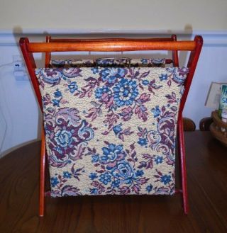 Vtg Sewing Knitting Tote Folding Caddy Stand Wood & Tapestry Fabric Vgc