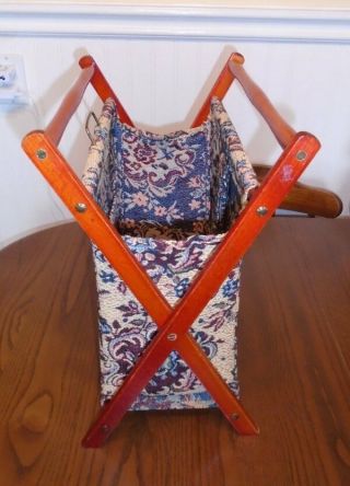 Vtg Sewing Knitting Tote Folding Caddy Stand Wood & Tapestry Fabric VGC 2