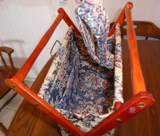 Vtg Sewing Knitting Tote Folding Caddy Stand Wood & Tapestry Fabric VGC 3