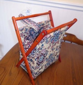 Vtg Sewing Knitting Tote Folding Caddy Stand Wood & Tapestry Fabric VGC 4