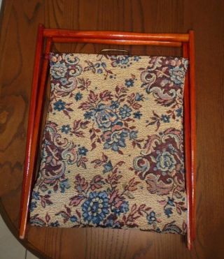 Vtg Sewing Knitting Tote Folding Caddy Stand Wood & Tapestry Fabric VGC 5