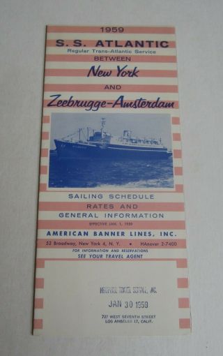 Old Vintage 1959 American Banner Lines Ss Atlantic Steamship Brochure Amsterdam