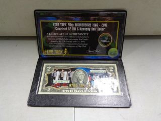 Star Trek 50th Anniversary Colorized 2 Dollar Bill And Kennedy Half Dollar (1)
