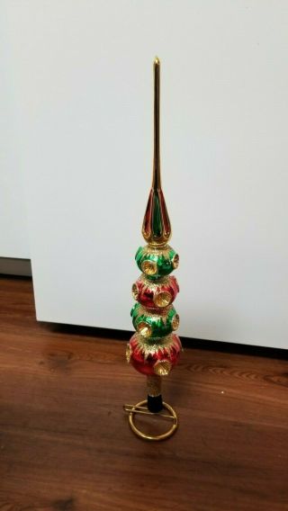 Red Green Gold 3 Indented Balls Blown Glass Tree Topper / Finial 19 "