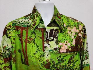 Waltah Clarkes Hawaiian Asian Tiger Shirt Medium Long Sleeve 60s 70s Vintage