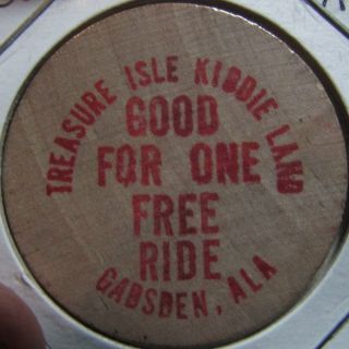 Vintage Treasure Island Kiddie Land Gadsden,  Al Wooden Nickel Token - Alabama