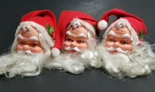 3 Santa Claus Doll Heads Red Stocking Cap Hat Glasses Craft White Beards
