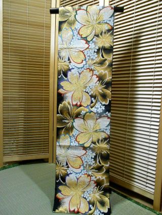 Japanese Kimono Silk Fukuro Obi,  Rokutu,  Formal,  Flower,  Gold Leaf,  L 175 ".  608