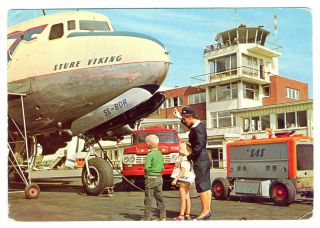 1963 Sas Scandinavian Airlines Dc - 6b " Sture Viking " Fornebu Airport Postcard