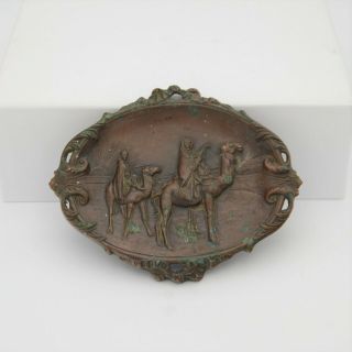 19c Antique Old Bronze Ashtray Scene Decorative Art Arabic People On Camels