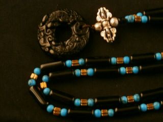 Tibetan Agate Dzi Beads Necklace W/Dzi 2PiXius Bi Pendant O028 2