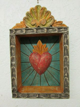 Hand Carved Colorful Retablo Sacred Heart Nicho 44 - Mexican Folk Art - 7 X 11