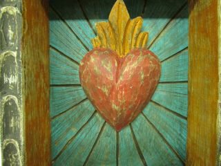 Hand Carved Colorful Retablo Sacred Heart Nicho 44 - Mexican Folk Art - 7 x 11 2