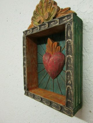 Hand Carved Colorful Retablo Sacred Heart Nicho 44 - Mexican Folk Art - 7 x 11 4