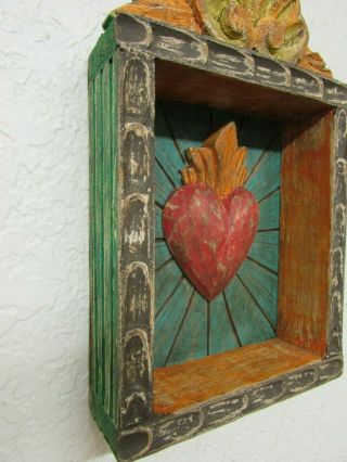 Hand Carved Colorful Retablo Sacred Heart Nicho 44 - Mexican Folk Art - 7 x 11 5