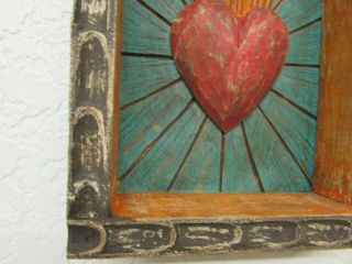 Hand Carved Colorful Retablo Sacred Heart Nicho 44 - Mexican Folk Art - 7 x 11 6