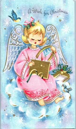 Bluebird Blue Bird Pink Heavenly Angel Girl Lady Kid Vtg Christmas Greeting Card