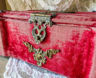 Timeworn Antique French Napoleon Iii Red Velvet & Couture Box With Garnitures