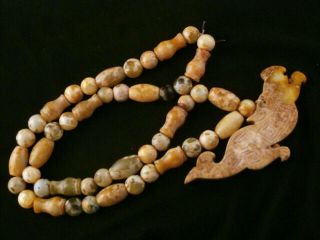 26 Inches Chinese Old Jade Beads Necklace W/jade Beast Pendant O006