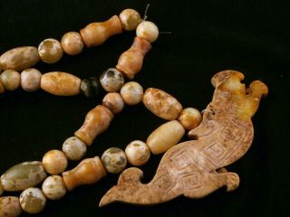 26 Inches Chinese Old Jade Beads Necklace W/Jade Beast Pendant O006 3