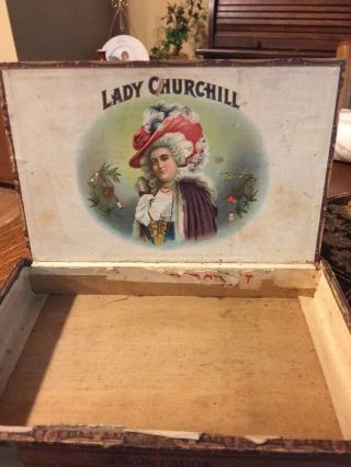 Rare Antique Early 1900’s Lady Churchill Cigar Box Wood 1910 Tax Stamp 3