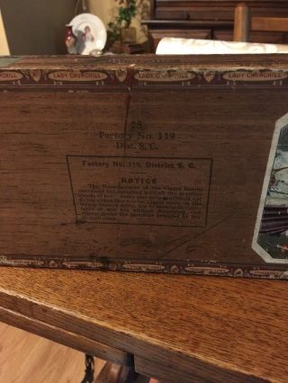 Rare Antique Early 1900’s Lady Churchill Cigar Box Wood 1910 Tax Stamp 6