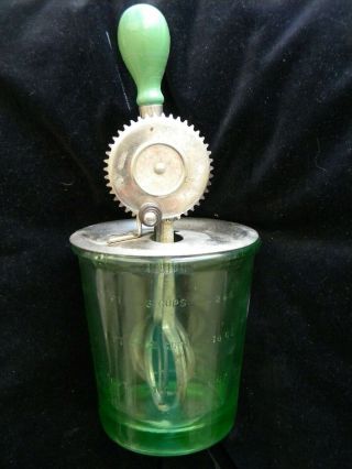 Vintage Green Depression Glass 4 Cup Measuring Jar With Hand Mixer